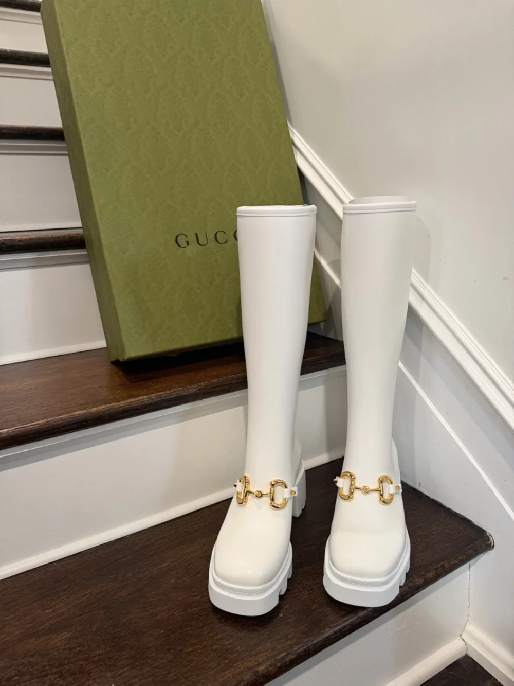 Gucci White Rubber Rain Boots with Gold Horsebit - Picture 2 of 9